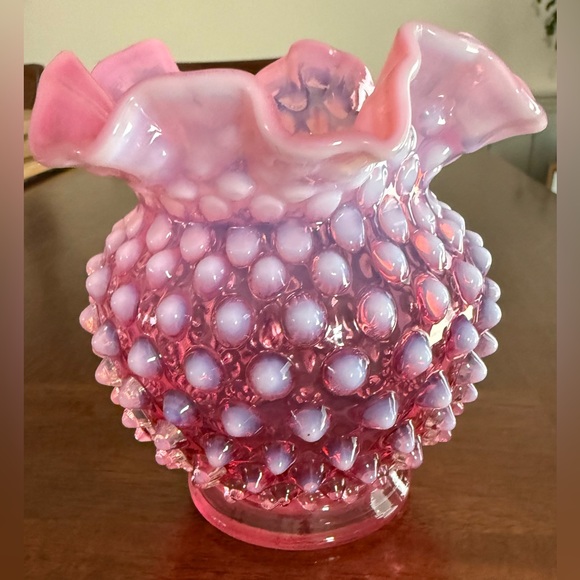 Fenton Cranberry Opalescent Hobnail Double Crimped Rose Bowl Vase Vintage - Picture 6 of 12